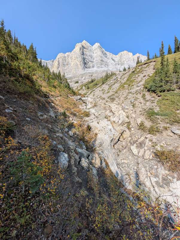 Moderate scrambling terrain near the source of Stewart Creek.